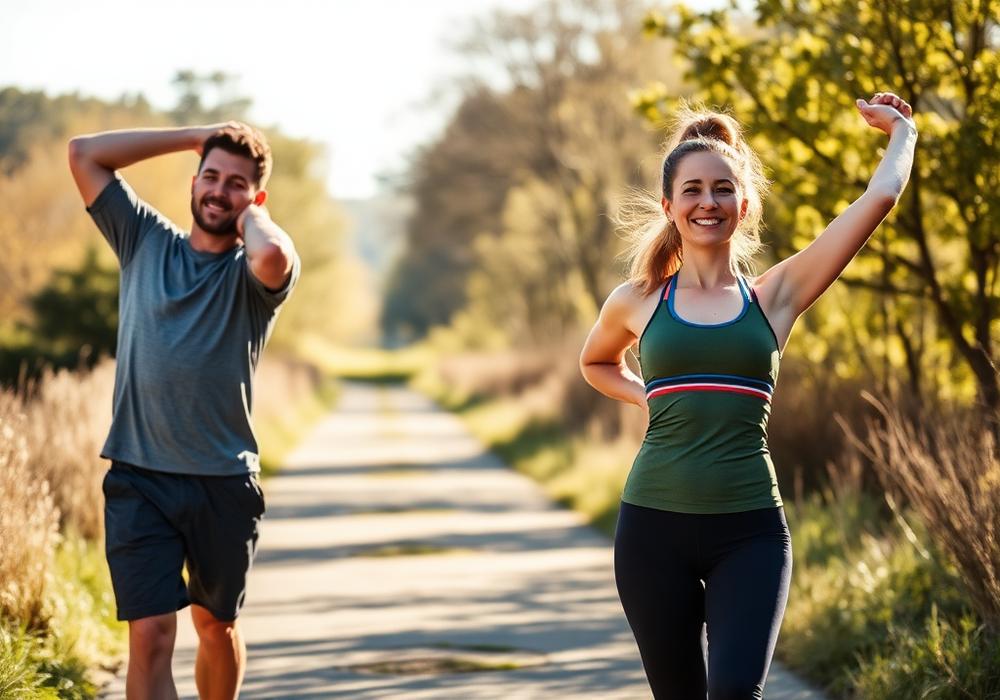 Two people stretching outdoors on a sunny path