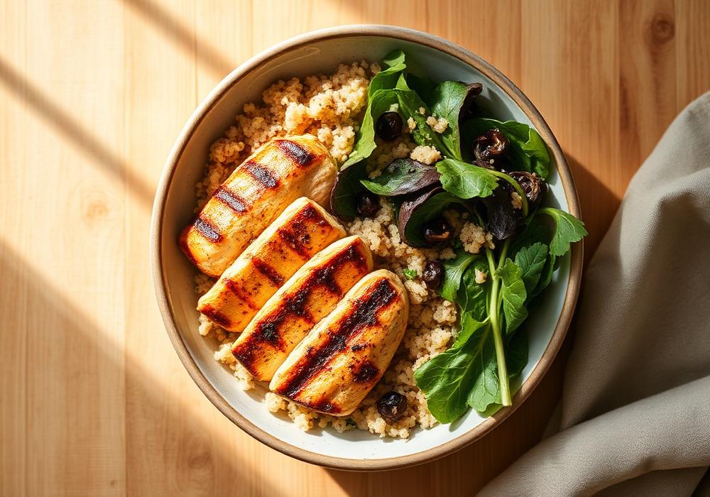 Balanced protein-forward meal in a ceramic bowl