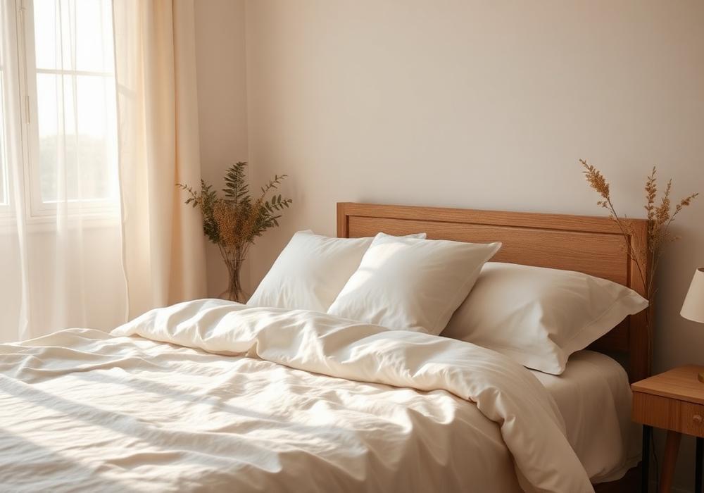 Calm bedroom with morning light through sheer curtains