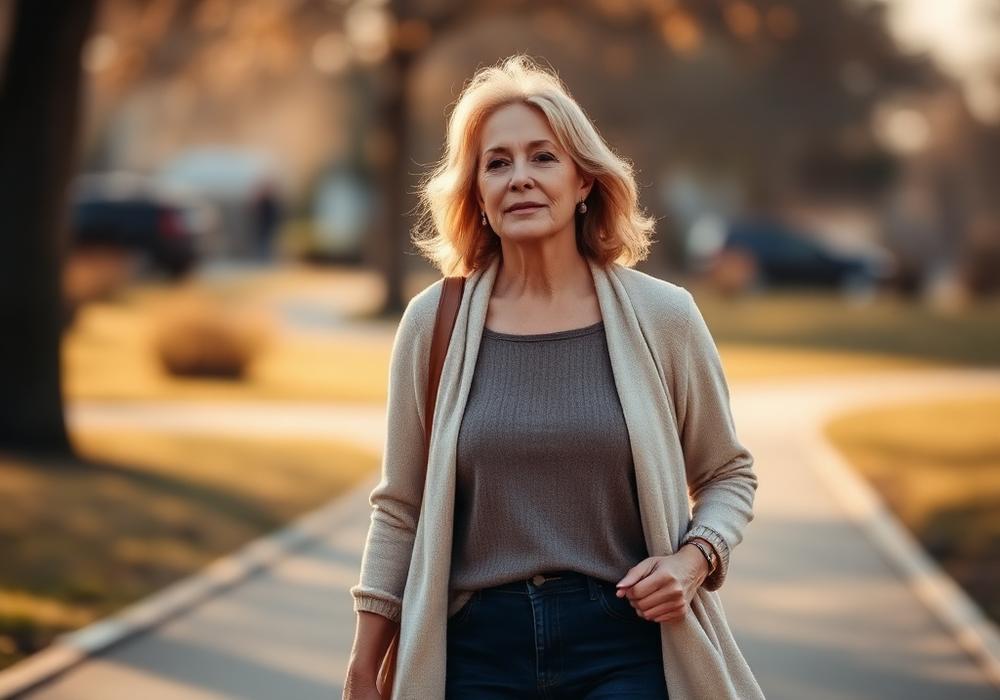 Woman walking outdoors in soft morning light