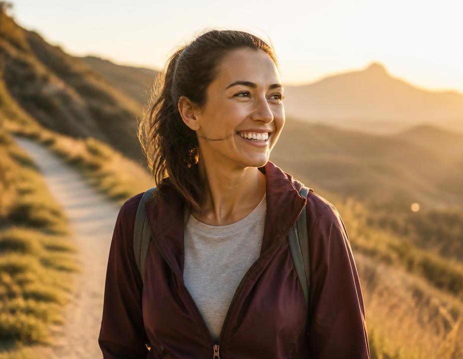 Woman walking outdoors at sunset with energy