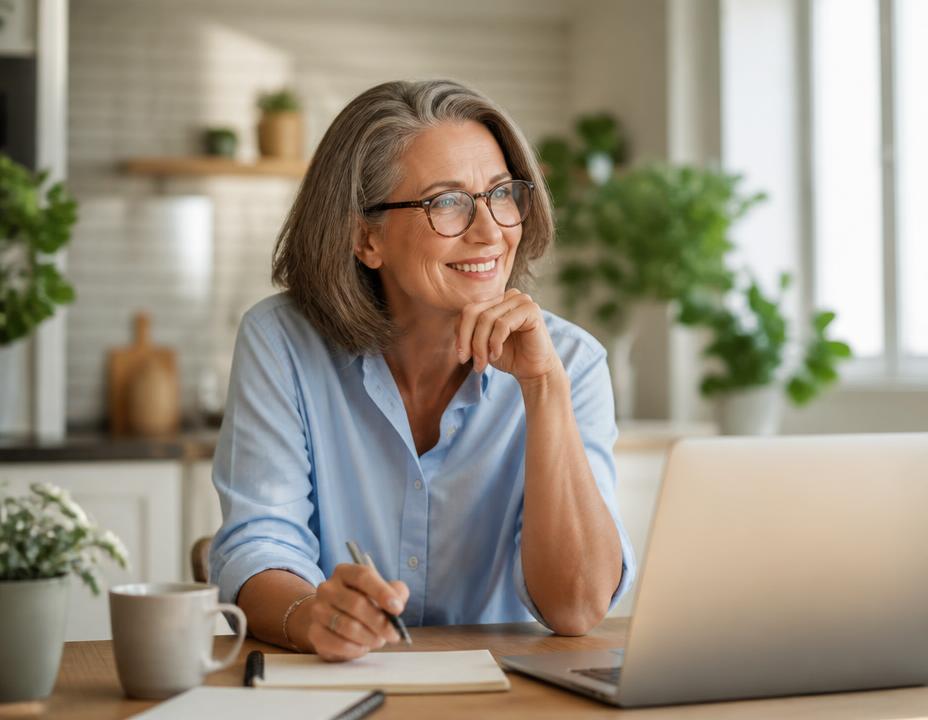 Woman at her desk reviewing her care plan